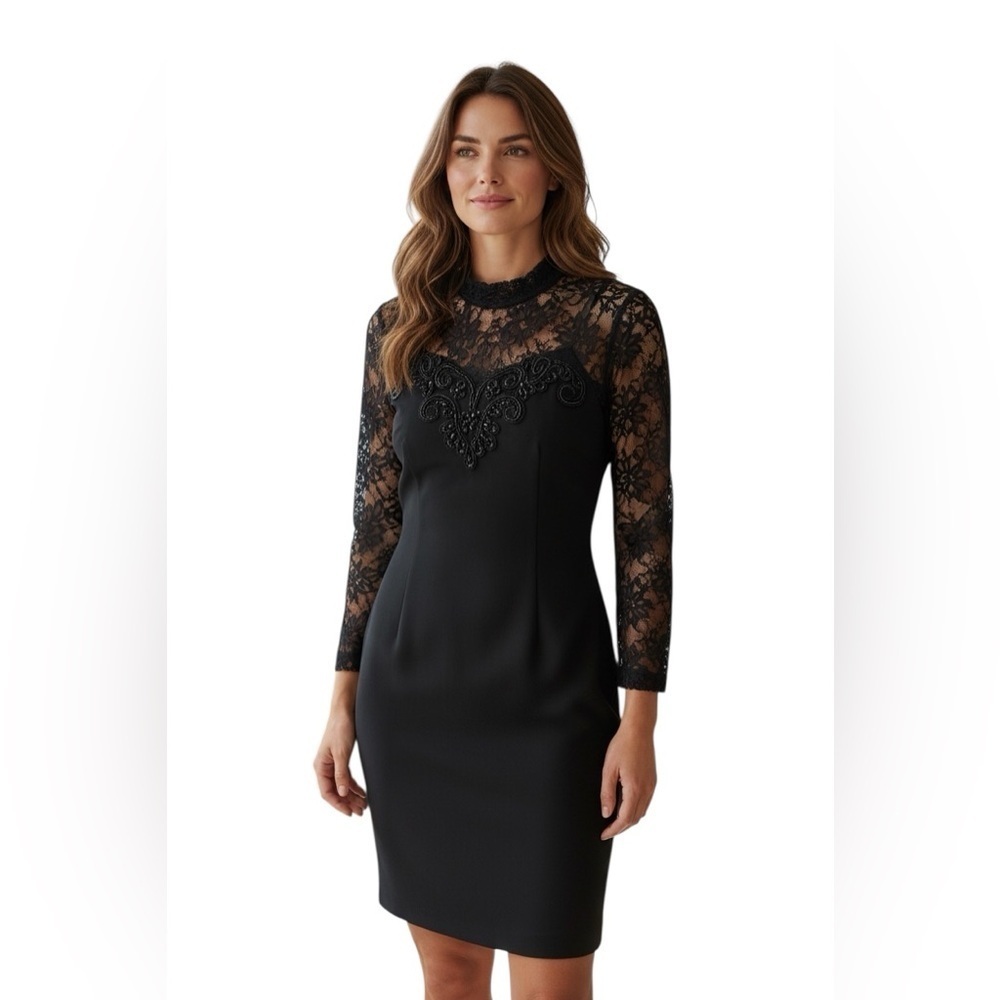 Jessica McClintock Black Lace Beaded Cocktail Dress Vintage Size 12 USA